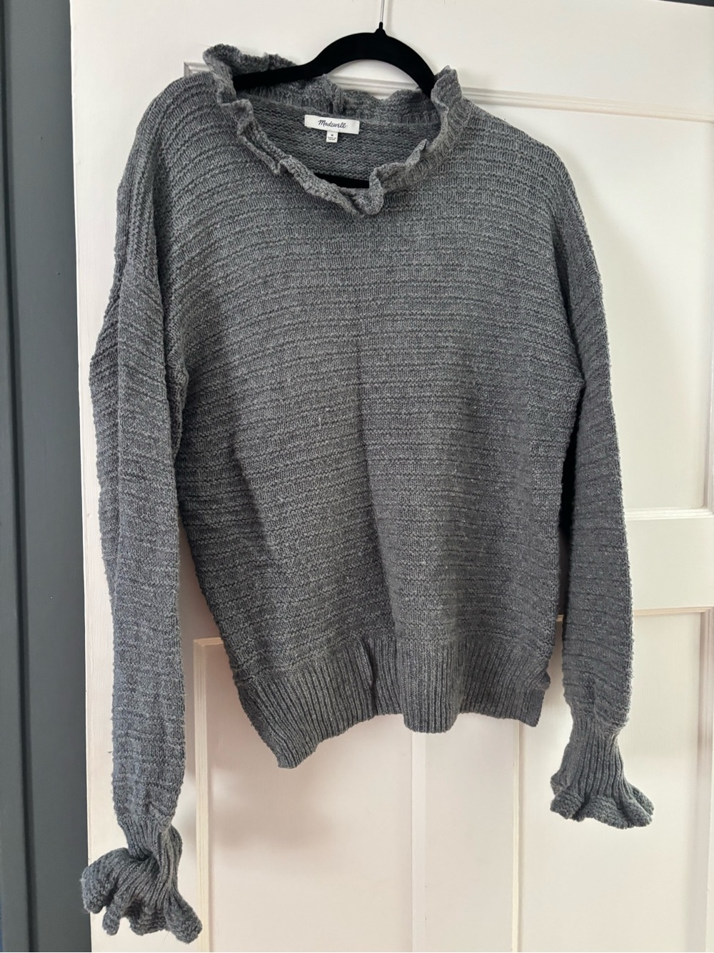 Madewell Gray Ruffle-Trim Ribbed Crewneck Sweater